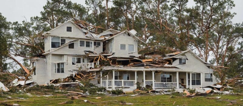 Storm-damaged house amid debris; NIKA's safe temporary furnished housing during disasters.
